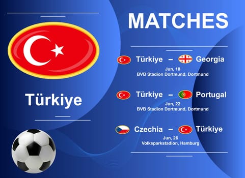 Schedule of matches of the Turkish national team at the final stage of the European Football Championship 2024. Vector image.