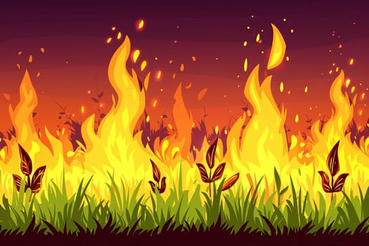 Flames consume a verdant field, casting a fiery glow against the evening sky.