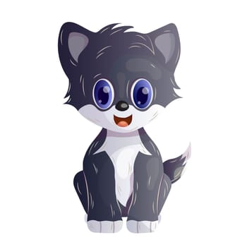 Cute cartoon gray kitten sitting upright. Isolated object on a white background. Vector image.
