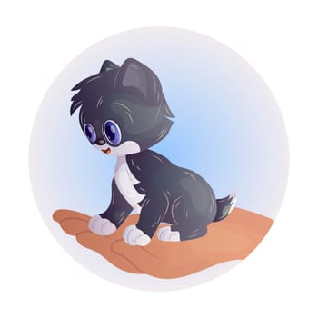 Cute cartoon kitten sitting on the hand. Concept of love and care. Vector image.