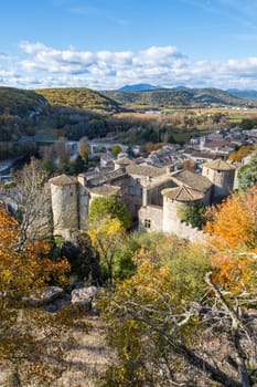 View over the roofs of the village of Vogüé. Ranked among the association Les Plus Beaux Villages de France. Vertical photography taken in France