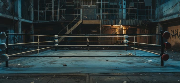 Abandoned industrial space bathed in sunlight streaming through large windows, with graffiti walls