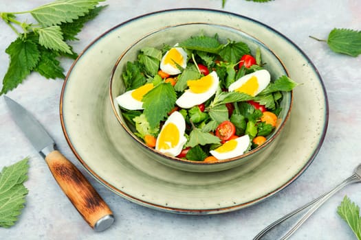 Bowl with salad of nettle leaves, eggs and tomatoes. Healthy spring detox food.