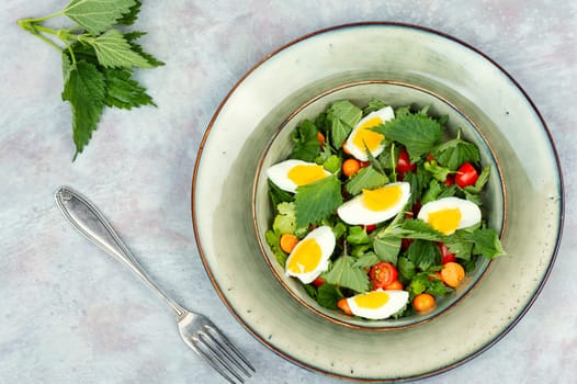 Bowl with salad of nettle leaves, eggs and tomatoes. Healthy spring detox food.
