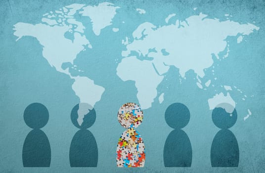 Autism, ADHD, attention deficit hyperactivity disorder, mental health, child with colorful jigsaw or puzzle pieces, world map