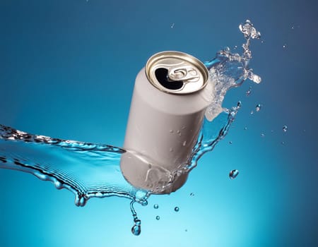 Refreshing cooling: ice-cold beverage can with sparkling water splash