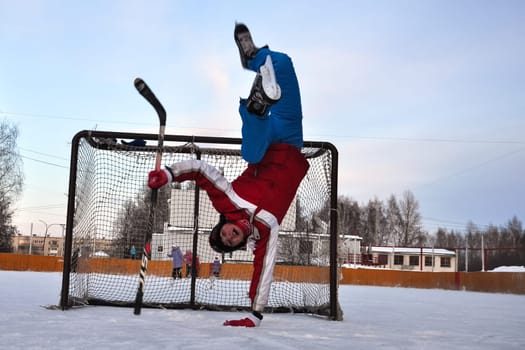Russia, Volgodonsk - January 18, 2015: Goalkeeper hockey player posing in front of camera.