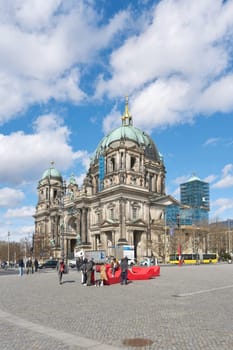 View from Schloßplatz to the Berlin Cathedral, Berliner Dom with some tourists in front of it