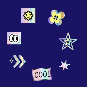 Y2k blur gradient, 2000s background with hologram, vector futuristic banner, trendy chrome shapes. Abstract aesthetic retro banner, silver heart and stars, 2000s frame or Y2k background