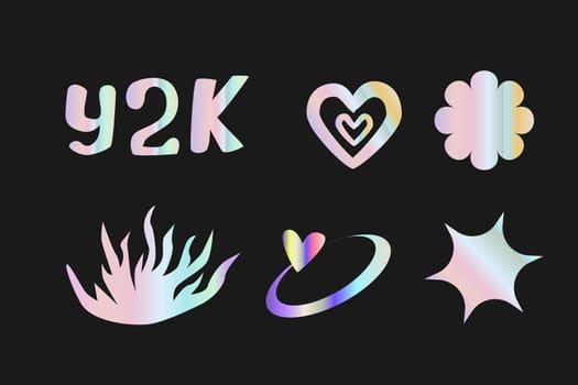 Y2k elements set with gradient, 2000s holographic stickers in retro 00s style. Can use for vector futuristic banner, poster, greeting card. Abstract aesthetic y2k set, silver shapes with quotes