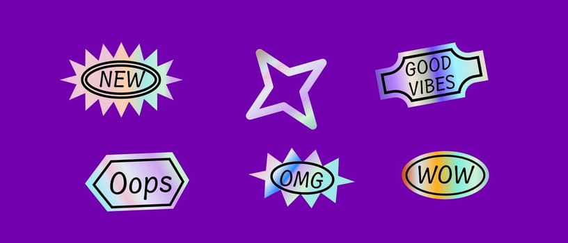 Y2k elements set with gradient, 2000s holographic stickers in retro 00s style. Can use for vector futuristic banner, poster, greeting card. Abstract aesthetic y2k set, silver shapes with quotes