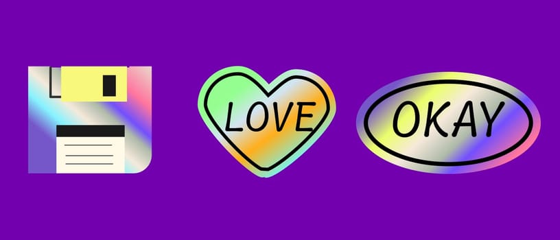 Y2k elements set with gradient, 2000s holographic stickers in retro 00s style. Can use for vector futuristic banner, poster, greeting card. Abstract aesthetic y2k set, silver shapes with quotes