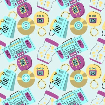 90s retro element seamless pattern, retro style, game and music items. Can use for stickers, banner, greeting card. wallpaper, textile, music background.