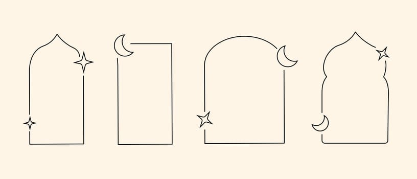 y2k retro elements set, 90s or 2000s elements of arch, moon and stars, shapes in minimalistic islamic style.