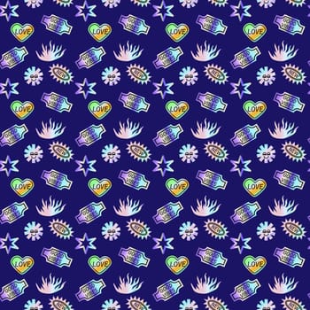 2000s pattern with hologram stickers, smiling, quotes and shining shapes. y2k elements seamless pattern or background. Futuristic retro design.