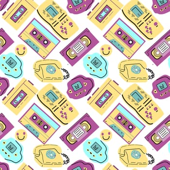 90s retro element seamless pattern, retro style, game and music items. Can use for stickers, banner, greeting card. wallpaper, textile, music background.
