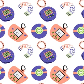 90s retro element seamless pattern, retro style, game and music items. Can use for stickers, banner, greeting card. wallpaper, textile, music background.