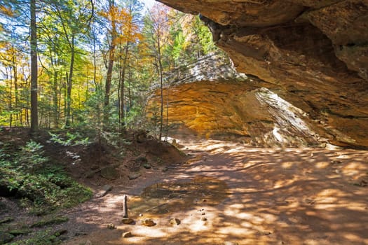 Limestone Ash Cave in the Fall Forest in Hocking Hills State Park in Ohio