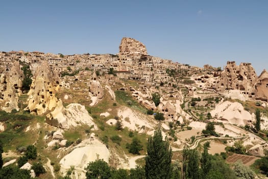 View onto the town of Uchisar, close to the Pigeon Valley, Güvercinlik Vadisi, Cappadocia, Turkey 2022