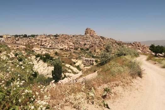 Spectacular view onto the town of Uchisar, close to the Pigeon Valley, Güvercinlik Vadisi, Cappadocia, Turkey 2022