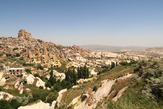 View onto Uchisar with the Pigeon Valley, Güvercinlik Vadisi in the foreground, Cappadocia, Turkey 2022