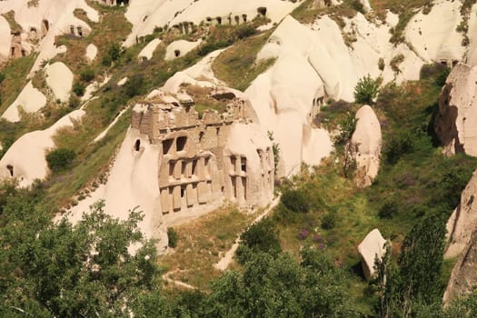 One of the big dovecotes, pigeon houses at the end of Pigeon Valley, Güvercinlik Vadisi, close to Uchisar, Cappadocia, Turkey 2022
