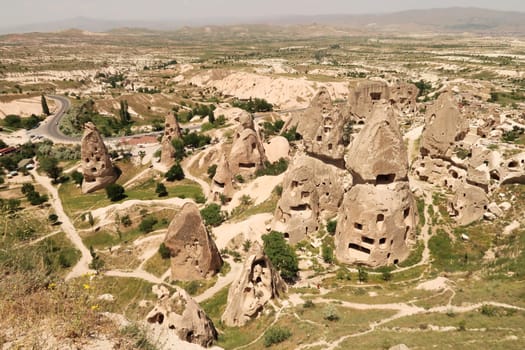 View onto some fairy chimneys from the Castle, Kalesi of Uchisar, Cappadocia, Turkey 2022