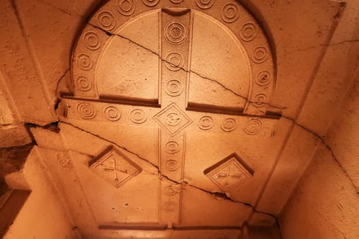 The famous ceiling cross in the Cross, Crusader Church, Hacli Kilise in the Red Valley, Kizilcukur Vadisi close to Göreme, Cavusin, Cappadocia, Turkey 2022