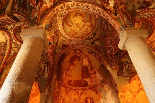 Christian ceiling fresco, painting inside of the Sandal Church, Carikli Kilise at the Göreme Open Air Museum, Göreme, Cappadocia, Turkey 2022