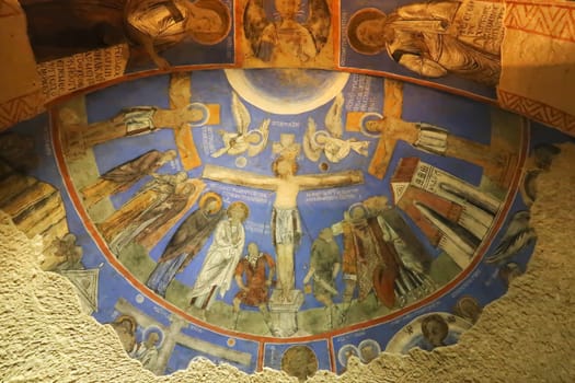 Christian ceiling fresco, painting inside of the Buckle Church, Tokali Kilise next to the Göreme Open Air Museum, Göreme, Cappadocia, Turkey 2022
