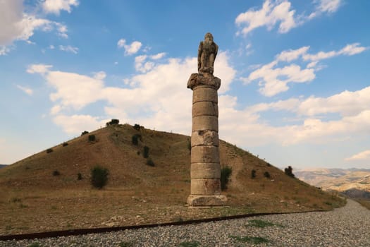 Eagle statue on the southern pillar in front of the Karakus Tumulus, memorial grave of the Commagene Royal Family, close to Adiyaman, Turkey 2022