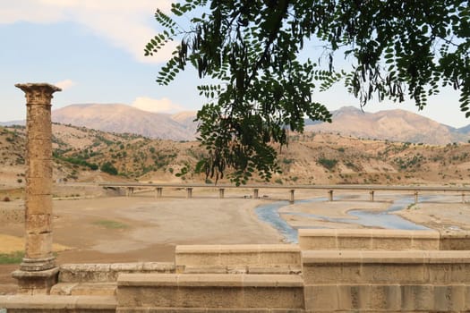 View from the Severan, Cendere onto the riverbed behind it, close to Adiyaman, Turkey 2022