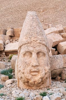 Head of a stone statue, sculpture of Zeus on the West Terrace of Mount Nemrut, close to Adiyaman, Turkey 2022