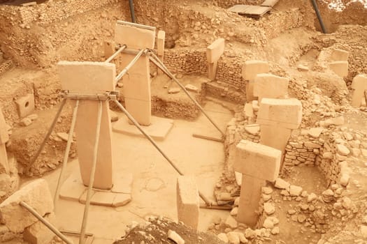 View onto Enclosure F at the neolithic archaeological site of Göbekli Tepe, Potbelly Hill, close to Sanliurfa, Turkey 2022