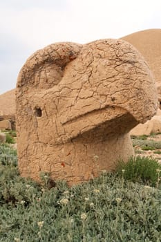 Head of a stone statue, sculpture of an eagle on the West Terrace of Mount Nemrut, close to Adiyaman, Turkey 2022