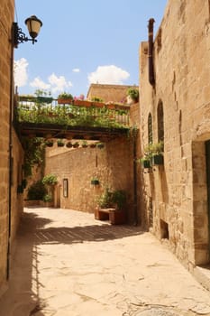 Balcony, pedestrian bridge and small alleyway covered in lush plants in the old town of Mardin, Turkey 2022