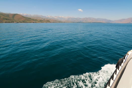 The intense blue color of Lake Van, Van Gölü seen from the boat to Akdamar Island, Van, Turkey 2022