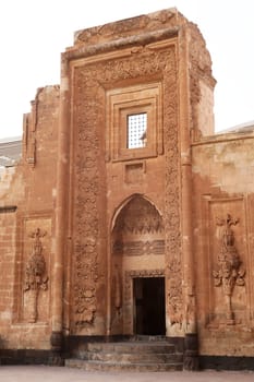 Majestic gate, doorway in ottoman architecture seen from the second court inside the Ishak Pasha Palace, Sarayi, Dogubeyazit, Turkey 2022