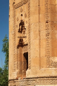 Closer view onto the facade of the Halime Hatun tomb, grave, mausoleum, Halime Hatun Kümbeti, elaborate patterns, details, carvings, close to Lake Van, Van Gölü, Gevas, Turkey 2022