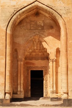 Beautiful gate, doorway in ottoman architecture seen from the second court inside the Ishak Pasha Palace, Sarayi, Dogubeyazit, Turkey 2022