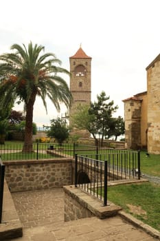 The bell tower, minaret of the Hagia Sophia Mosque, formerly a greek orthodox church, Trabzon, Turkey 2022