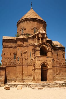 The front facade of the Armenian Cathedral of the Holy Cross on Akdamar Island on Lake Van, Van Gölü, Turkey 2022