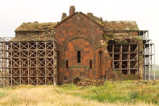 Facade of the Cathedral of Ani, Church of the Holy Mother of God at the ancient site of Ani, an abandoned ruined armenian city, close to Kars, Turkey 2022