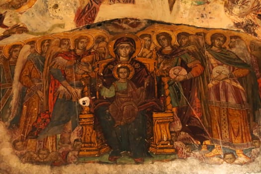 Hodegetria fresco, colorful wall painting, fresco of Virgin Mary with baby, child Jesus on her lab inside the Rock Church at Sumela, Sümela Monastery, Trabzon, Turkey 2022