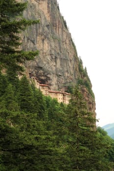 View from the Aya Varvara Church, Kilisesi onto the Sumela, Sümela Monastery built on a cliff above a dense forest, Trabzon, Turkey 2022