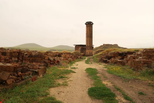 The Mosque of Minuchihr, Menucehr Camii at at the ancient site of Ani, an abandoned ruined armenian city, close to Kars, Turkey 2022