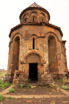 The front facade of the Church of St., Saint Gregory of Abughamir, Abughamrens, Abughamrents at the ancient site of Ani, an abandoned ruined armenian city, close to Kars, Turkey 2022