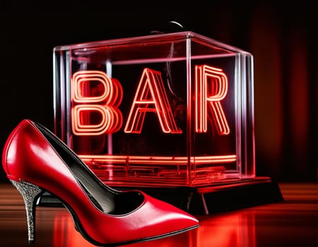 Realistic neon sign with pink erotic text for decoration and cover on the wall background. Concept of an erotic show and a nightclub.