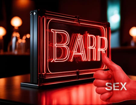 Realistic neon sign with pink erotic text for decoration and cover on the wall background. Concept of an erotic show and a nightclub.