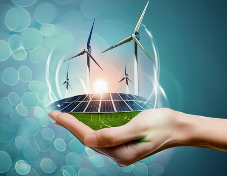 Wind turbine on human hand in front of the sky (Digital Composite)